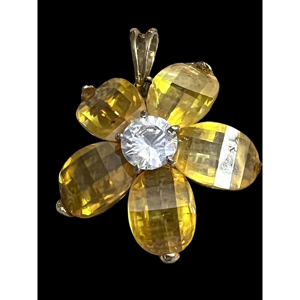 Yellow Gemstone Sun Flower Pendant With Clear Center Stone & Gold-Tone Setting